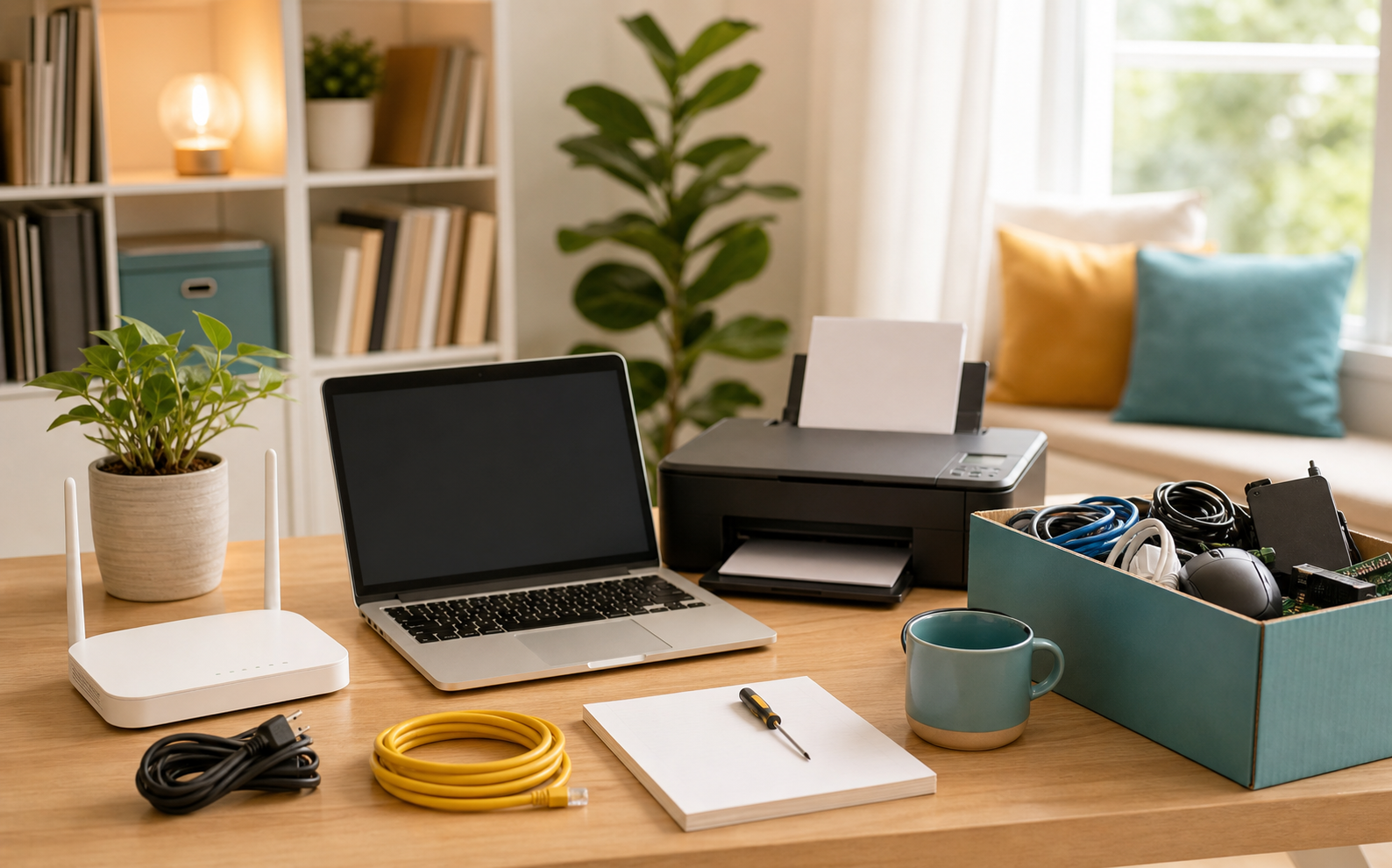 A tidy home office desk with a laptop, Wi-Fi router, cables, and electronics ready for recycling